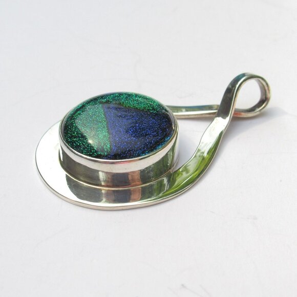 Sterling Silver Teardrop Pendant Blue & Green Dichroic Glass Handmade In Mexico - Picture 1 of 13